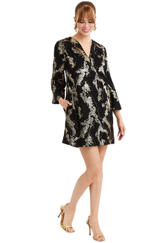 Ines Caftan Mini Dress, Black Gold
