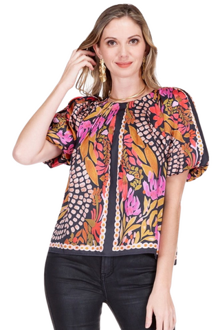 Pleated Puff Sleeve Top, Paved Petals