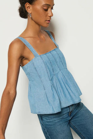 Dove Pleated Tank, Blue Chambray