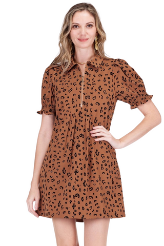 Front Zip Darts Dress, Brown Leopard