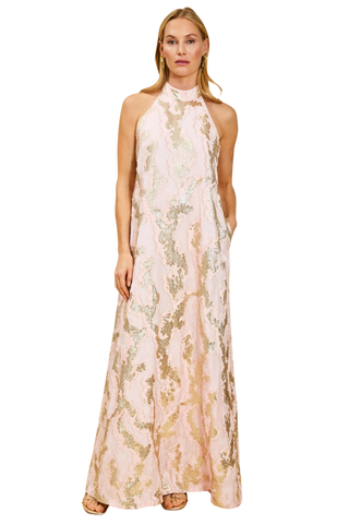 Mestiza Adelina Gown Blush Gold metallic halter maxi dress formal evening gown Monkee's of the West End