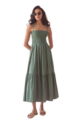 Omika Adley Maxi Dress Solid Palm green smocked tiered maxi dress with tie straps Monkee's of the West End