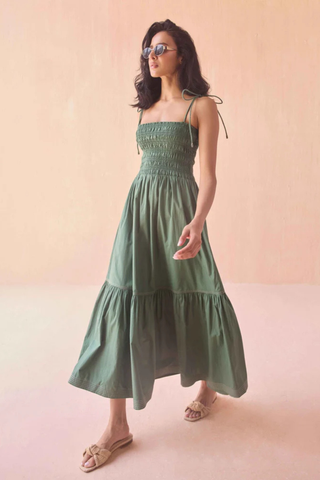 Omika Adley Maxi Dress Solid Palm green smocked tiered maxi dress with tie straps Monkee's of the West End