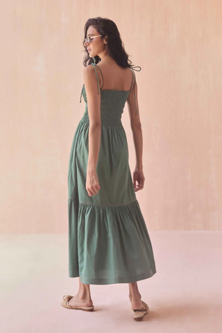 Omika Adley Maxi Dress Solid Palm green smocked tiered maxi dress with tie straps Monkee's of the West End