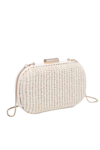 Rue Aveline Alix ivory evening bag with woven texture, gold clasp, and chain strap