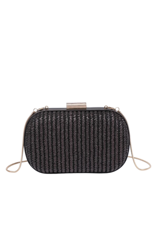 Rue Aveline Alix chocolate evening bag with woven texture, structured silhouette, and gold chain strap