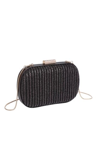 Rue Aveline Alix chocolate evening bag with woven texture, structured silhouette, and gold chain strap