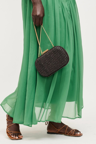 Rue Aveline Alix chocolate evening bag with woven texture, structured silhouette, and gold chain strap