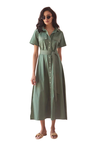 Omika Amira Shirtdress Solid Palm green midi shirt dress with tie waist and button front Monkee's of the West End