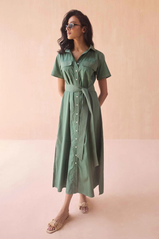 Omika Amira Shirtdress Solid Palm green midi shirt dress with tie waist and button front Monkee's of the West End