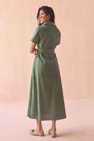 Omika Amira Shirtdress Solid Palm green midi shirt dress with tie waist and button front Monkee's of the West End