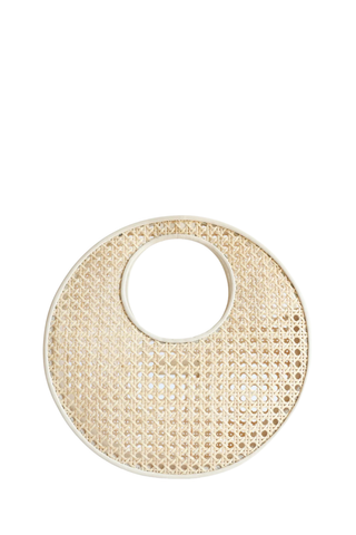 Bembien Anouk Bag in rattan circular woven handbag with cut-out handle and leather trim