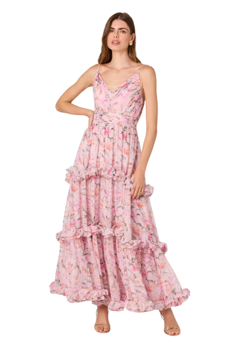 ASTR Ayanna Dress in pink floral print featuring a V-neckline, spaghetti straps, cinched waist, and tiered ruffle maxi skirt