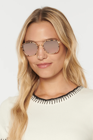 Krewe Austin Sunglasses in Matte Oyster featuring mirrored gradient lenses, gold titanium hardware, and a modern aviator silhouette