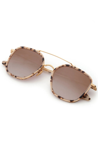 Krewe Austin Sunglasses in Matte Oyster featuring mirrored gradient lenses, gold titanium hardware, and a modern aviator silhouette