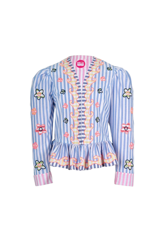 Celia B Avra Jacket in Multi featuring blue and white stripes, colorful embroidered floral details, puff sleeves, and ruffle hem styling