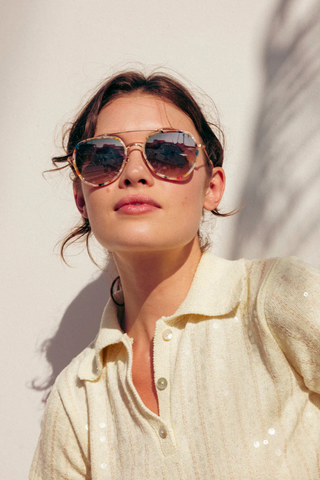 KREWE Baker Sunglasses in 18K Titanium + Gelato featuring oversized aviator frames with multicolor acetate, mirrored gradient lenses, and gold-plated titanium hardware