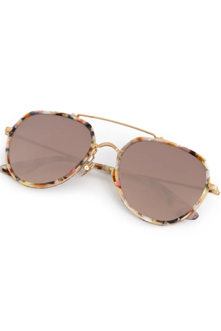 KREWE Baker Sunglasses in 18K Titanium + Gelato featuring oversized aviator frames with multicolor acetate, mirrored gradient lenses, and gold-plated titanium hardware