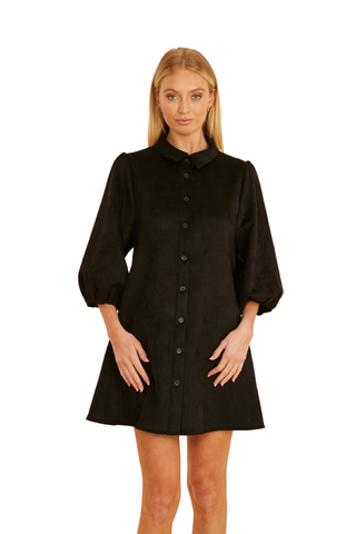 Faux Suede Puff Sleeve Dress, Black
