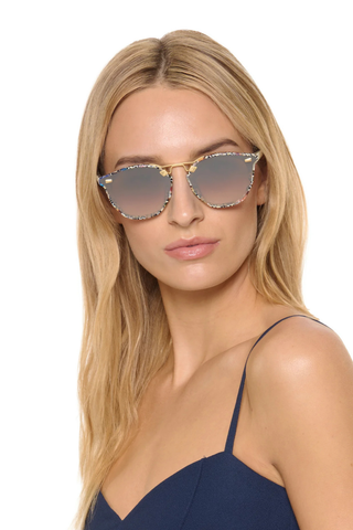 KREWE Beau Nylon Sunglasses in Granita featuring mirrored amber gradient lenses, multicolored acetate frames, and 18K gold hardware