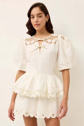 Marie Oliver Betty Short in Ivory with embroidered waistband and scalloped hem detailing