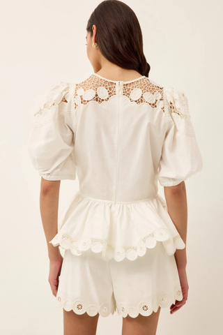 Marie Oliver Betty Short in Ivory with embroidered waistband and scalloped hem detailing