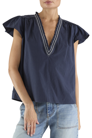 Navy short sleeve blouse with flutter sleeves and split neckline by Ramy Brook