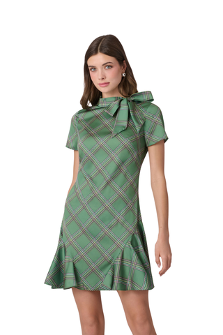 Shoshanna Bosher Dress in Olive Multi featuring a green printed mini silhouette, ruffled neckline, short sleeves, and flounced hem.