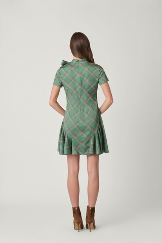Shoshanna Bosher Dress in Olive Multi featuring a green printed mini silhouette, ruffled neckline, short sleeves, and flounced hem.
