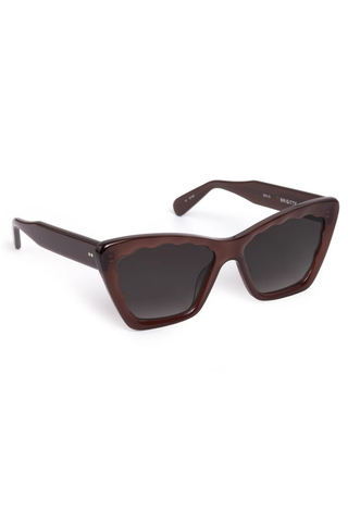 KREWE Brigitte Sunglasses in Espresso featuring an oversized cat-eye silhouette, scalloped acetate detailing, and dark gradient lenses