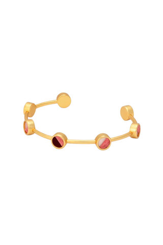 Brackish Brittany Multi-Bezel cuff bracelet with ivory, champagne, rust, and coral feather bezels and 18k gold plated finish