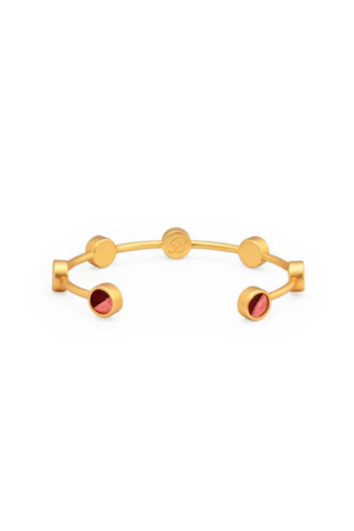 Brackish Brittany Multi-Bezel cuff bracelet with ivory, champagne, rust, and coral feather bezels and 18k gold plated finish