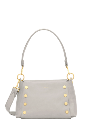Stormy grey pebbled leather medium handbag with brushed gold hardware by Hammitt