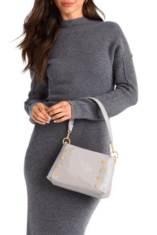 Stormy grey pebbled leather medium handbag with brushed gold hardware by Hammitt