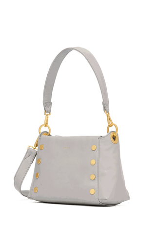 Stormy grey pebbled leather medium handbag with brushed gold hardware by Hammitt