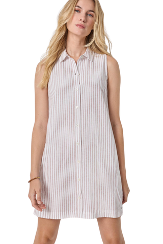 Lilla P Striped Button Down Dress in Bark Stripe with sleeveless silhouette and button front closure