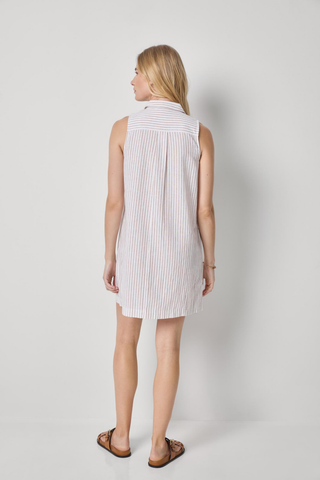 Lilla P Striped Button Down Dress in Bark Stripe with sleeveless silhouette and button front closure