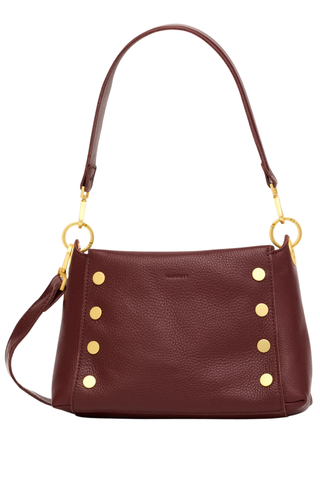 Hammitt Bryant Med Handbag in Cherrywood Pebble featuring oxblood pebbled leather, brushed gold hardware, and a structured shoulder bag silhouette.