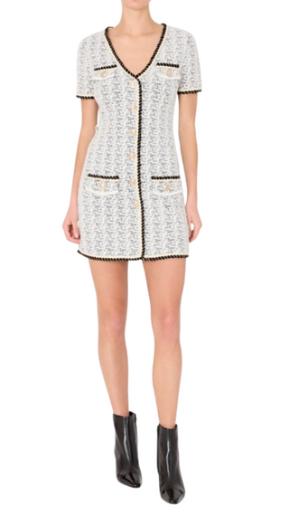 Braided V-Neck Mini Dress, Ecru/Black