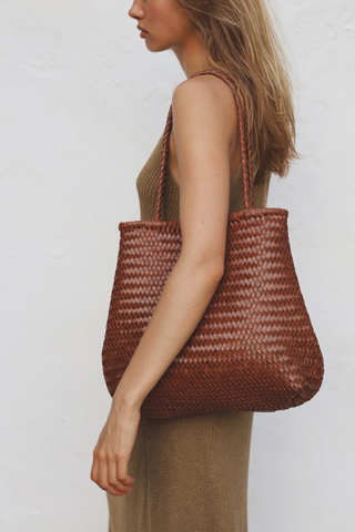 Bembien Cala Tote in sienna brown handwoven leather tote bag with braided shoulder straps