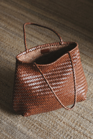 Bembien Cala Tote in sienna brown handwoven leather tote bag with braided shoulder straps