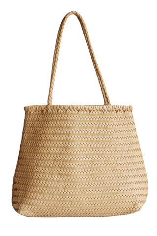 Bembien Cala Tote in caramel handwoven leather with braided shoulder straps and soft structured shape