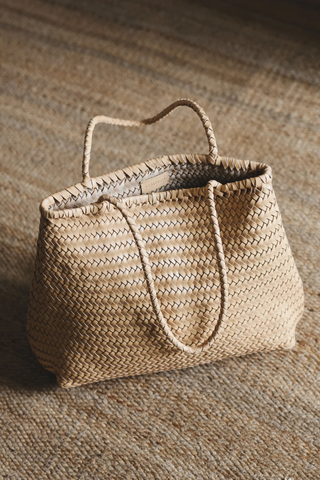 Bembien Cala Tote in caramel handwoven leather with braided shoulder straps and soft structured shape