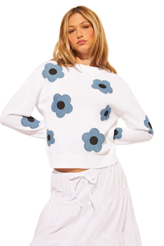 JOHN & JENN Casper Sweater Jean Garden white knit sweater with blue flower appliqués Monkee's of the West End