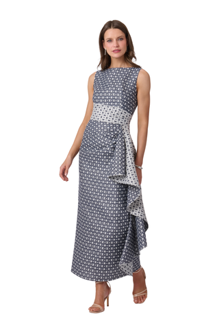 Shoshanna Catherine Dress in Silver and Indigo with sleeveless fitted bodice, patterned fabric, long skirt, and cascading side ruffle.