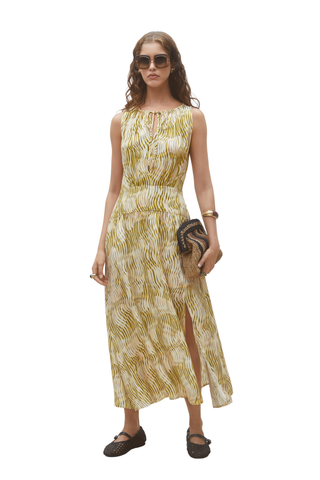 Green sleeveless midi dress with abstract print, cinched waist, and flowy silhouette