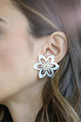 Oversized mother of pearl floral stud earrings with gold center by Asha by ADM