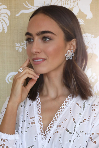 Oversized mother of pearl floral stud earrings with gold center by Asha by ADM