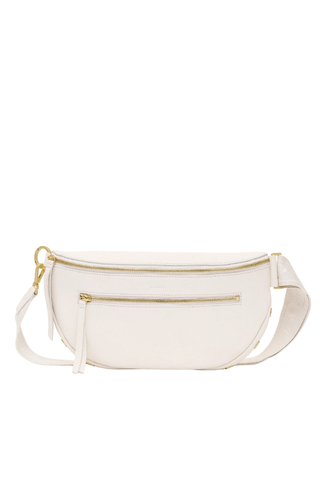 White pebbled leather crossbody belt bag with gold hardware by Hammitt