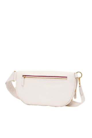 White pebbled leather crossbody belt bag with gold hardware by Hammitt